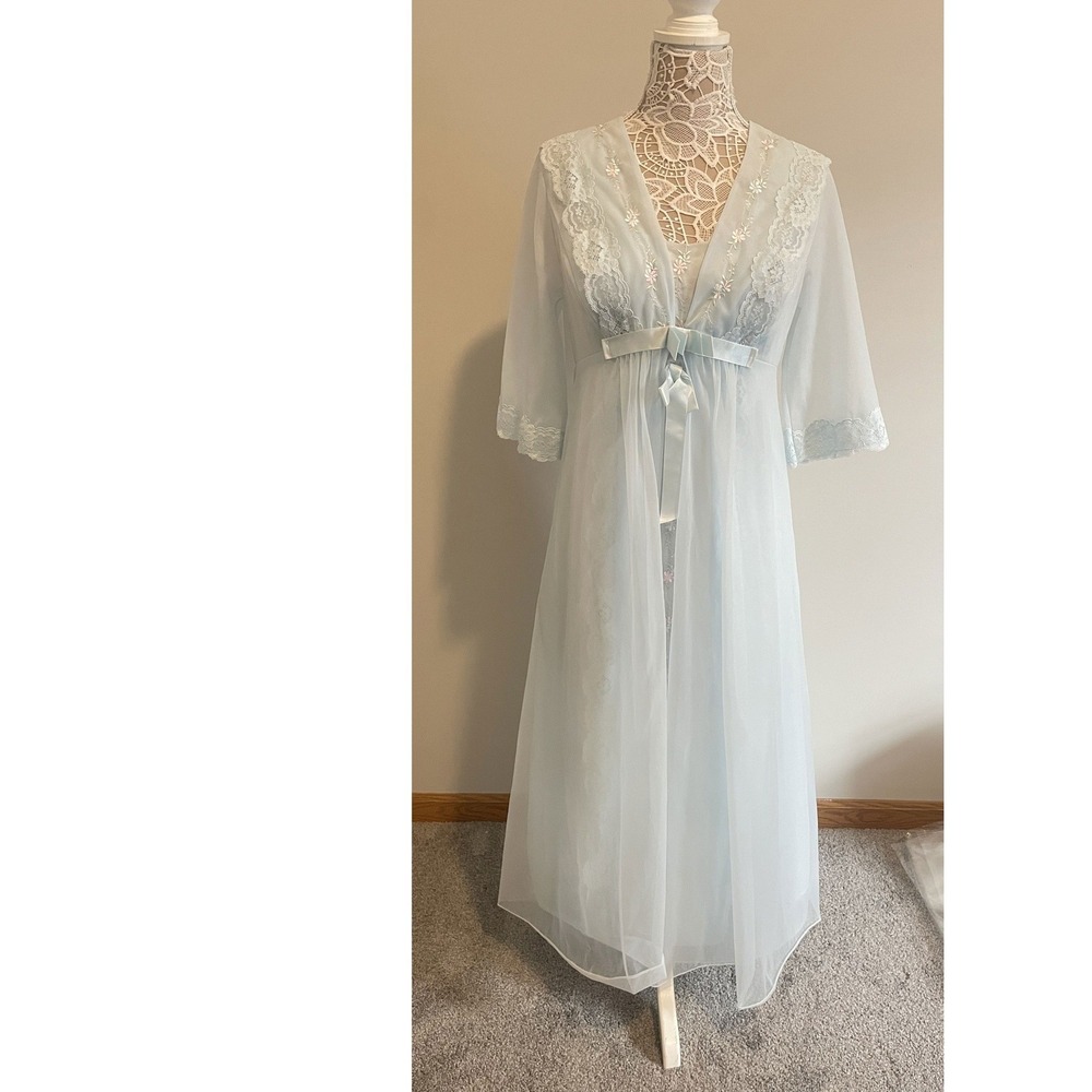 Vintage Shadowline Nightgown Robe Set Blue Lace Floral Embroidery Maxi Medium